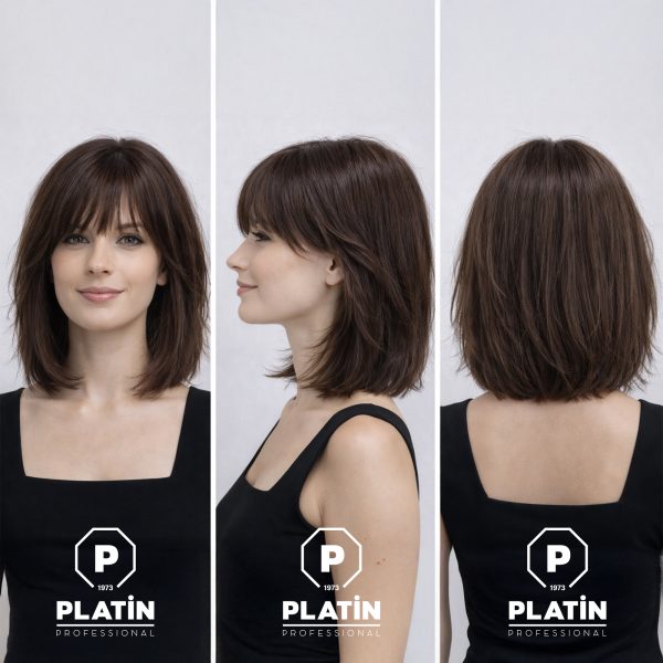 Tül Peruk Küt - Perçemli Koyu Kestane